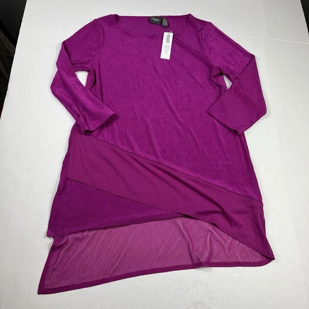 Chicos Travelers Tunic Shirt Fuchsia Asymmetric Hem 3/4 Sleeve Top 2 LARGE